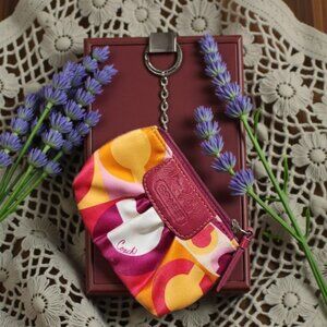 Coach Madison Op Art Satin Coin Purse Pink Orange Keychain Purse Charm